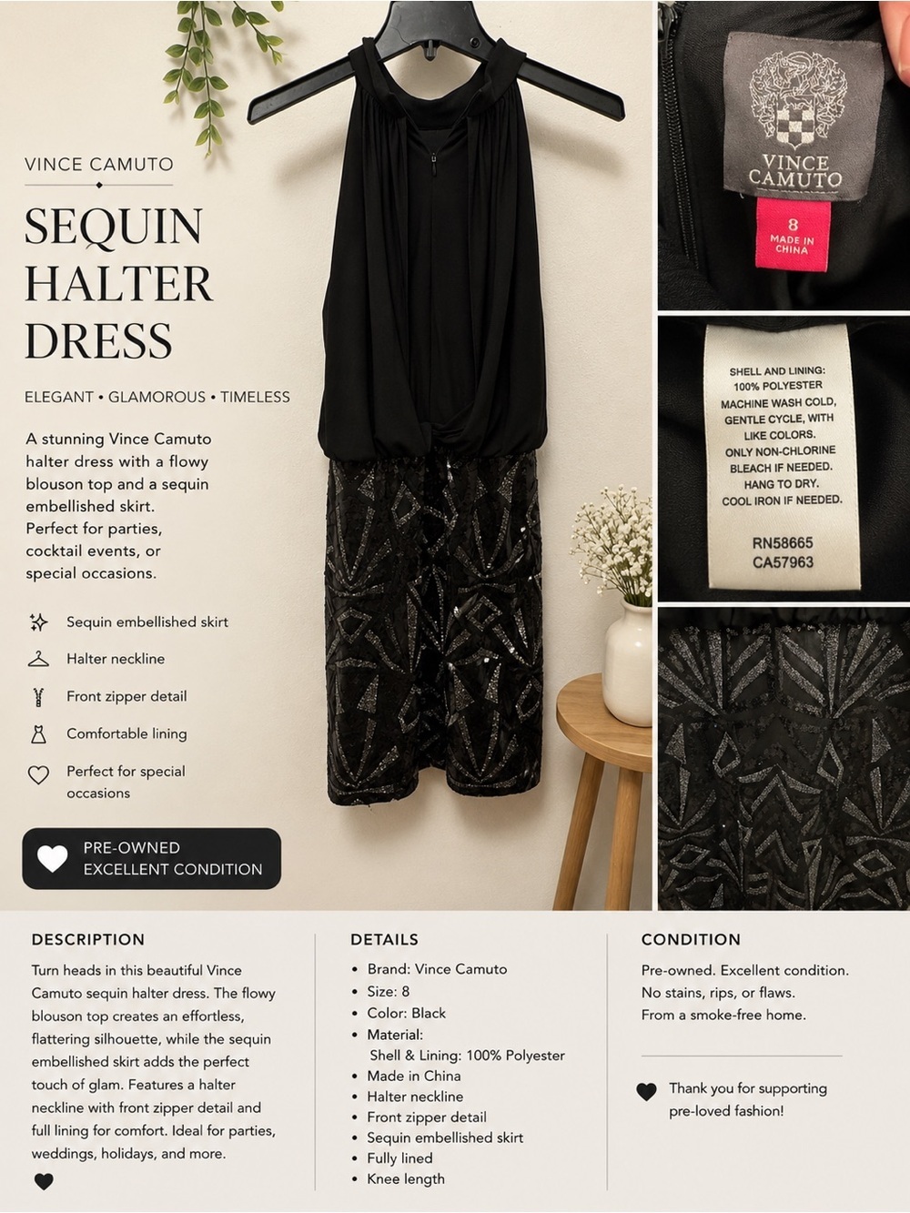 Vince Camuto Black Halter Sequin Dress